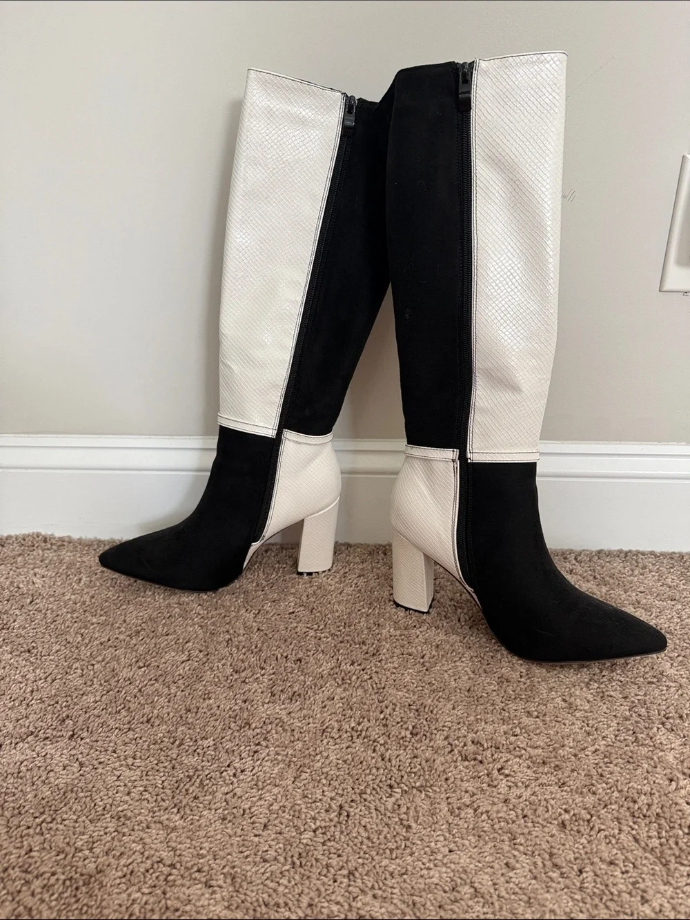 SHEIN Black and White Two-Tone Over-the-Knee Pointed Boots